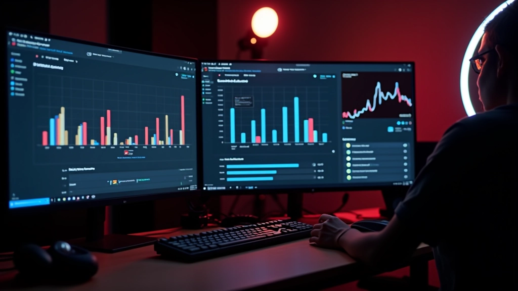 Profesionalni YouTube studio s tri monitora koji pokazuju analitiku, uređivanje videa i YouTube dashboard